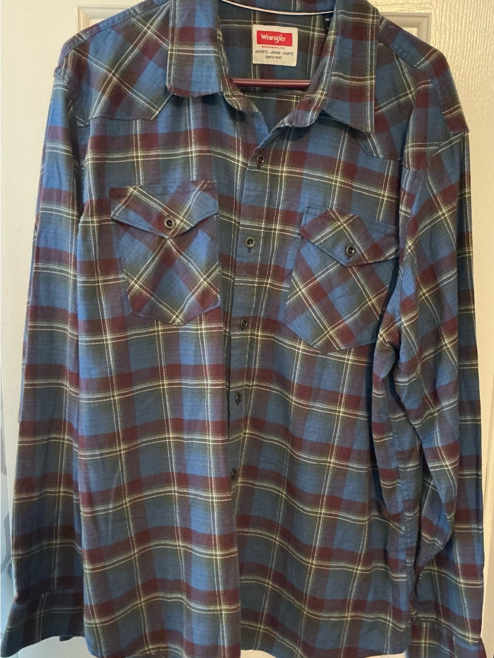 Wrangler Button Up Shirt Mens XL Blue Plaid Long Sleeve Flannel Pockets